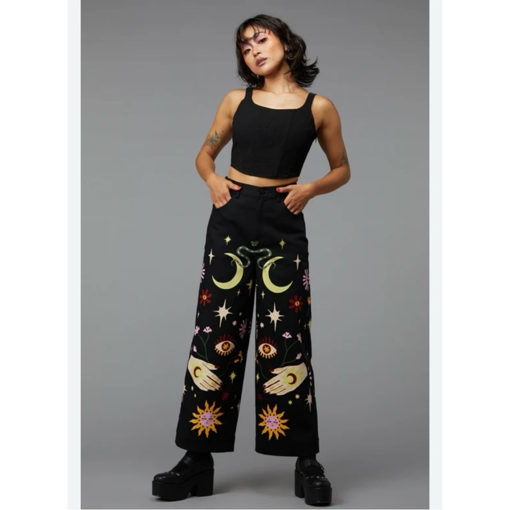 BLACK FRIDAY PALMISTRY Black Graphic Wide-Leg Pants SZ 8 NWT